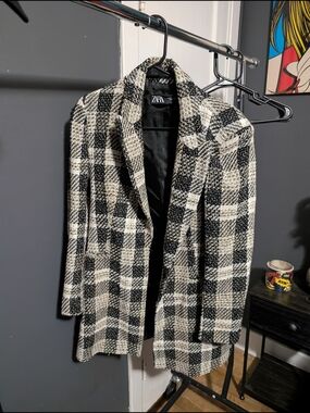 Zara Black and White Plaid Tweed Blazer